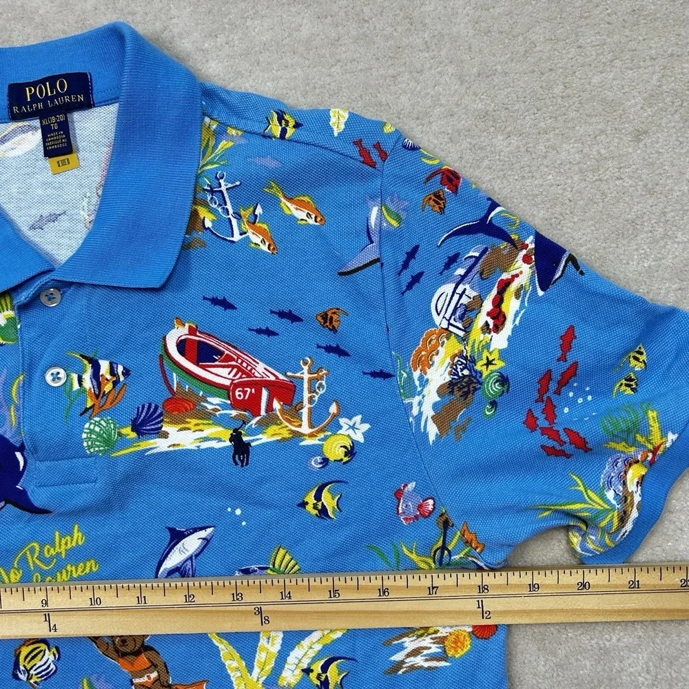 Ralph Lauren Polo Shirt Boys XL 18-20 Scuba Bear All Over Print Summer Mesh Knit